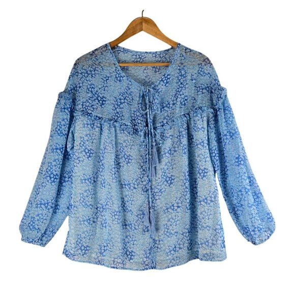 Boho Peasant Tunic Top Ruffeled Yoke Full Sleeves Sz L Blue Floral Granny Core - Picture 1 of 11